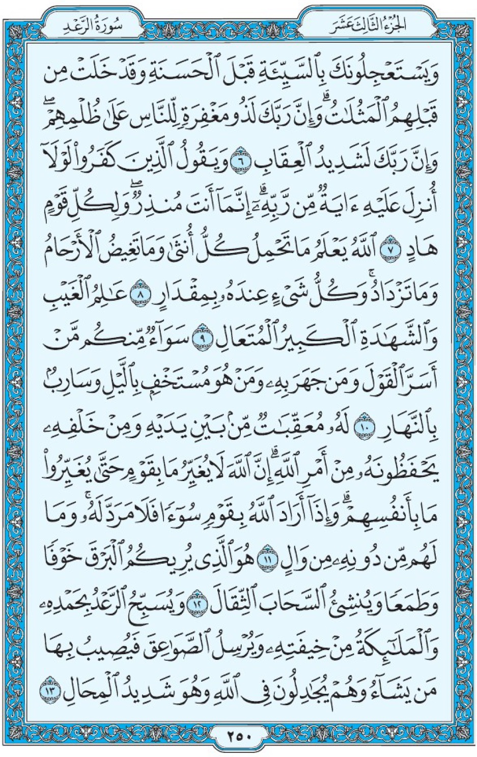 Коран Мединский мусхаф страница 250, Ар-Ра‘д, аят 6-13