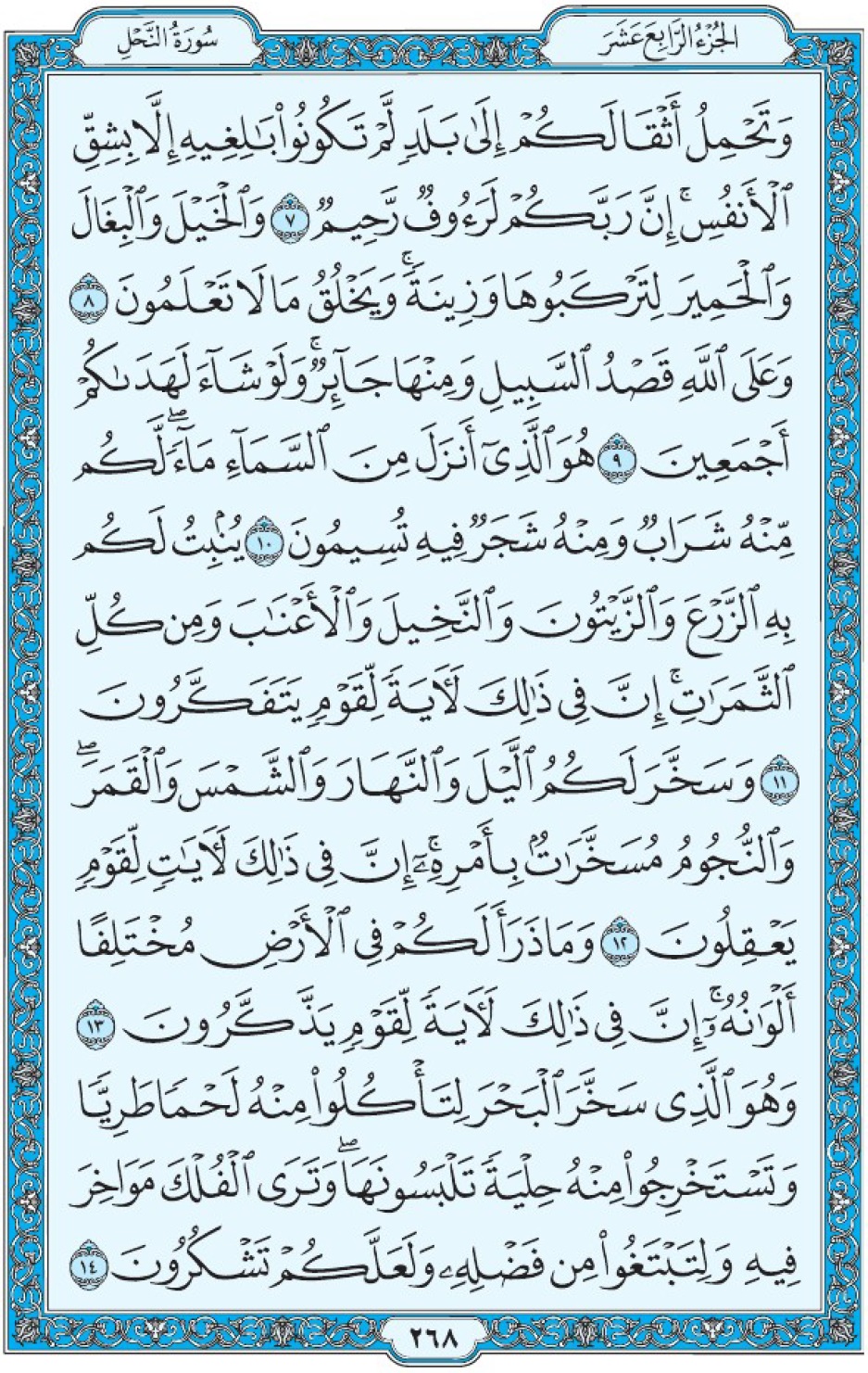 Коран Мединский мусхаф страница 268, Ан-Нахль, аят 7-14