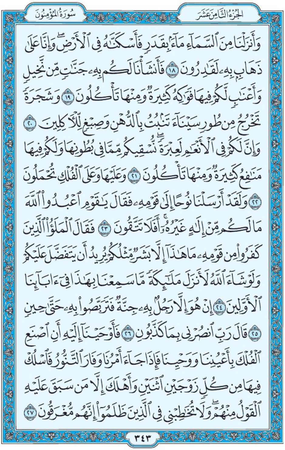 Коран Мединский мусхаф страница 343, Аль-Муъминун, аят 18-27
