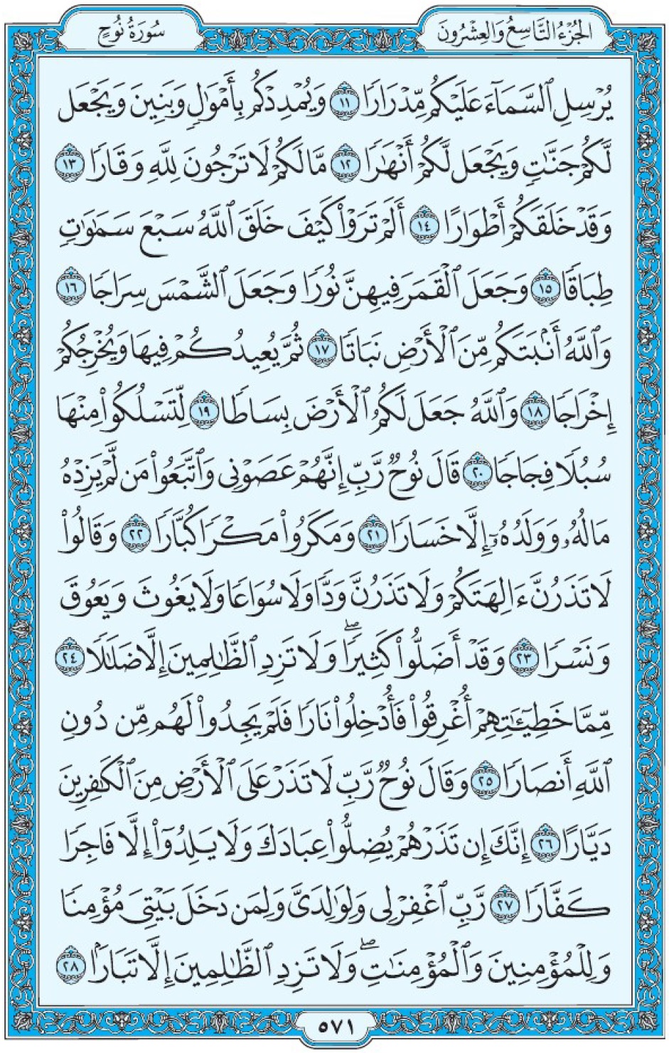 Коран Мединский мусхаф страница 571, сура Нух, аят 11-28