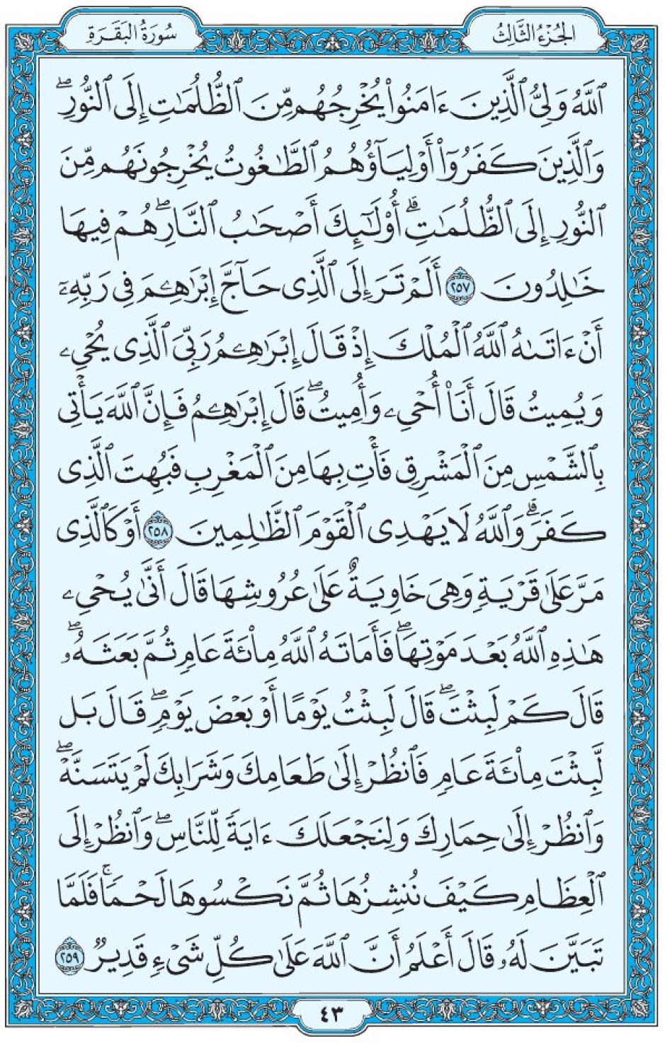 Коран Мединский мусхаф страница 43, Аль-Бакара, аят 257-259, مصحف المدينة، صفحة ٤٣