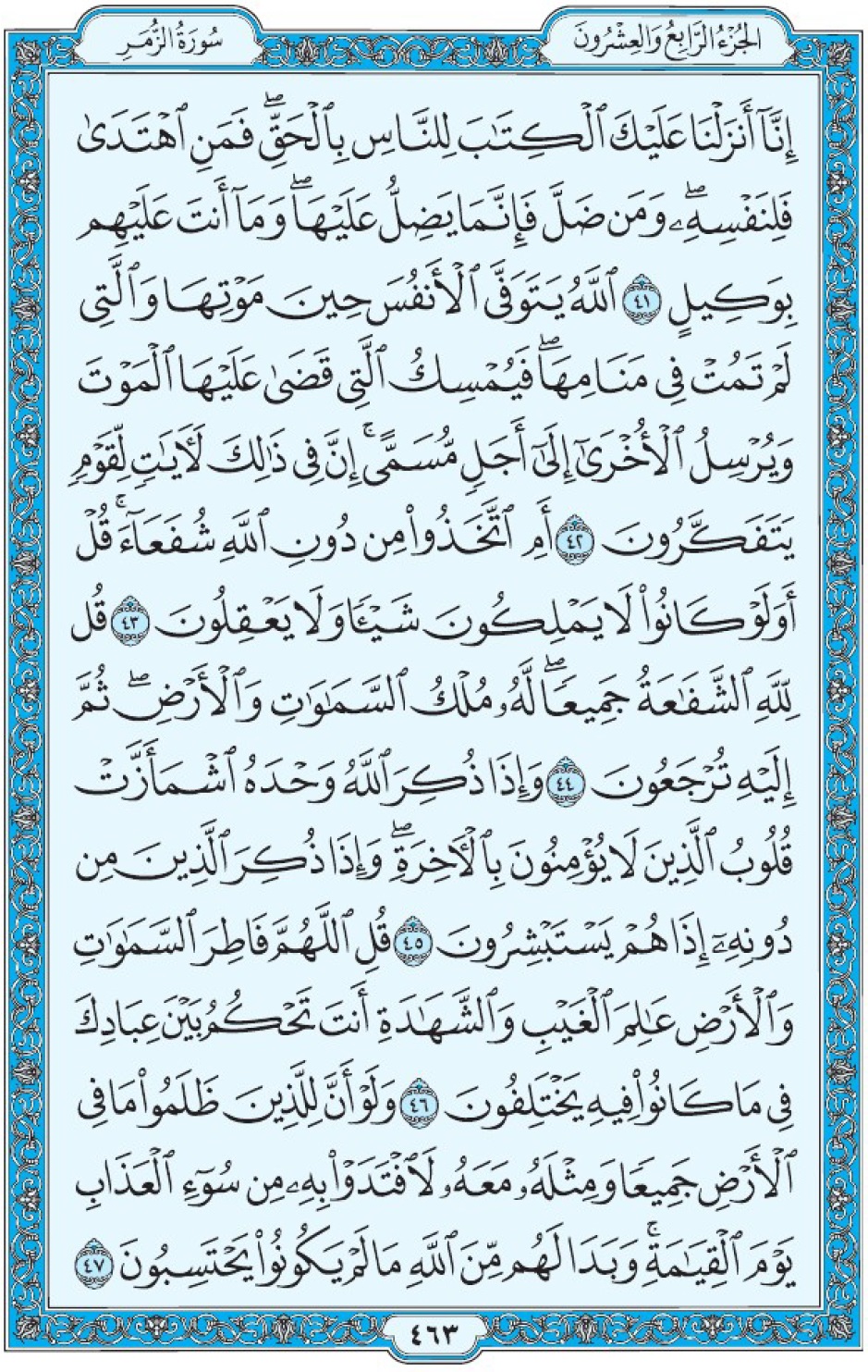 Коран Мединский мусхаф страница 463, Аз-Зумар, аят 41-47, مصحف المدينة، صفحة ٤٦٣