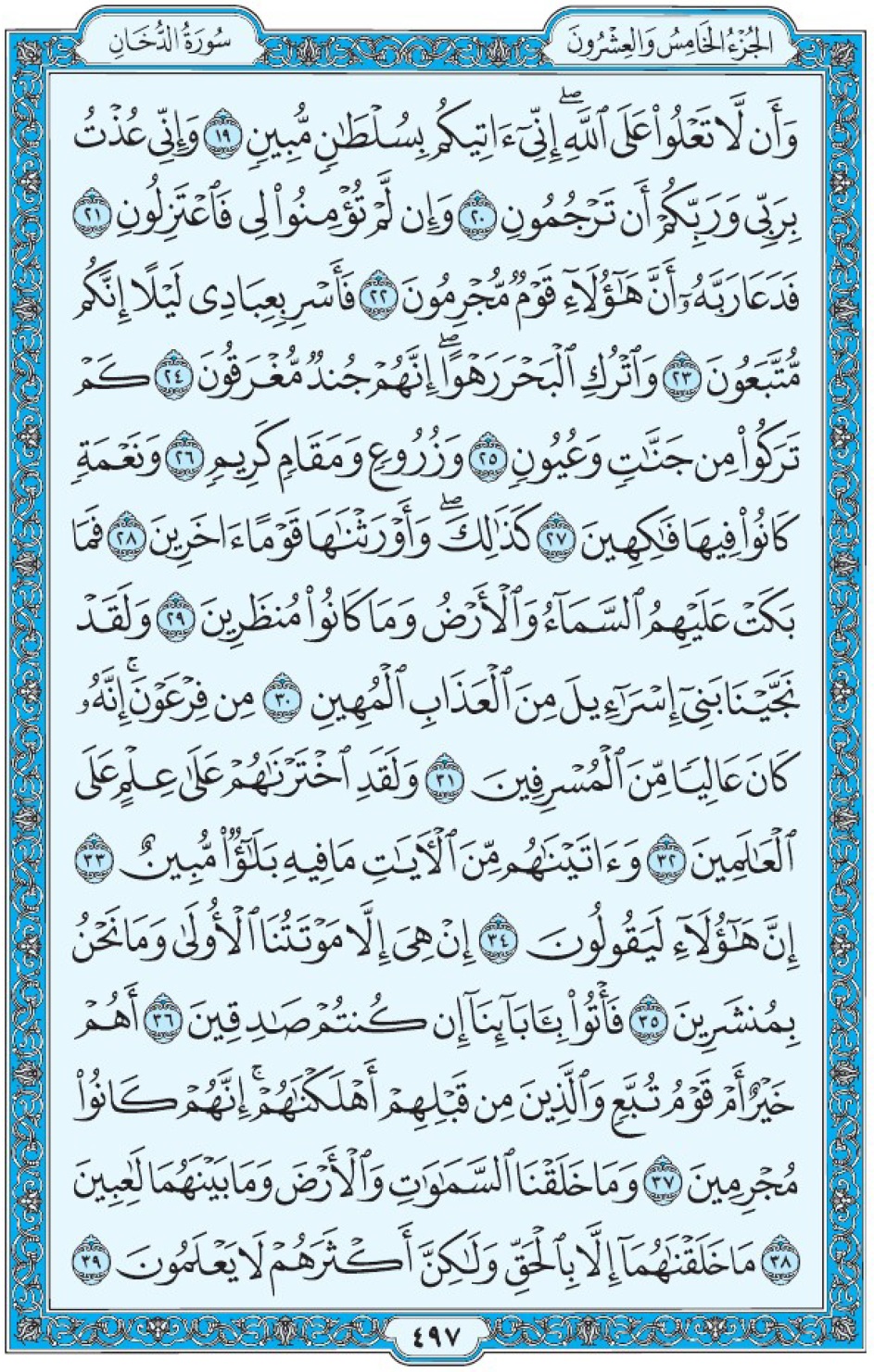 Коран Мединский мусхаф страница 497, Ад-Духан, аят 19-39, مصحف المدينة، صفحة ٤٩٧